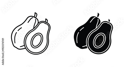 Minimalist avocado icons featuring whole and halved fruit in line art and solid black silhouette styles, perfect for healthy food branding, organic menus, and kitchen decor graphics.