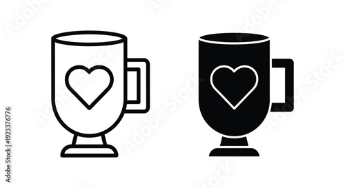 Minimalist coffee mug icons with heart symbol in outline and solid silhouette styles for romantic cafe branding and Valentine's Day designs