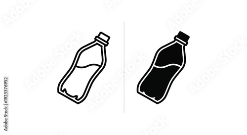 Minimalist black and white plastic water bottle icons in outline and solid styles for hydration tracking, recycling awareness, and beverage industry graphic design