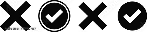 Check mark and cross icons set in black circle, approval and rejection symbols collection for validation, voting, interface design, and decision making