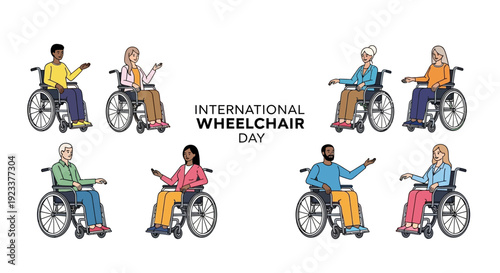Diverse people in wheelchairs celebrating International Wheelchair Day with assistive technology