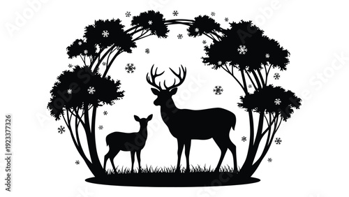 A deer and a fawn standing under trees isolated on white background, Vector