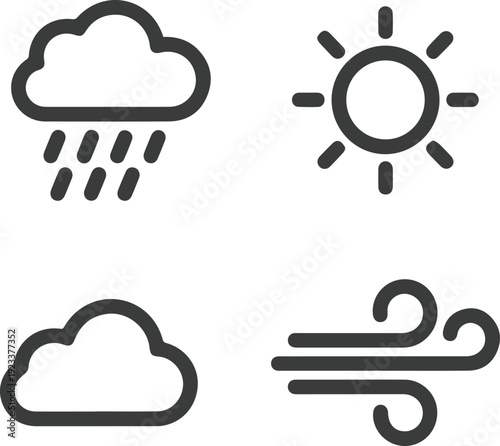 Simple line art weather icons set showing sun rain cloud and wind