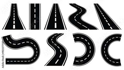 Road Vector Collection Featuring Highway Curves, Turns, Bankings, and Perspective Views, Ideal for Urban Design, Traffic Simulation, Map Graphics, and Engineering Illustrations.