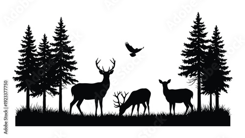 A black silhouette of deer and trees with a bird isolated on white background, Vector