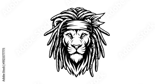 Lion Head with Dreadlocks and Bandana - Black and White Vector Illustration