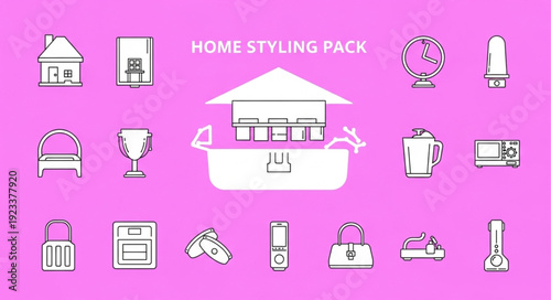 Home styling pack vector icons collection on pink background.