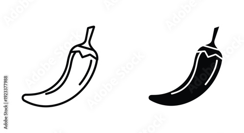 Minimalist chili pepper icon set featuring outline and solid silhouette styles for spicy food branding and restaurant menu design