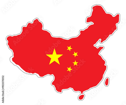 map of China, simplified shape of the chinese map with the colors as the flag of China, isolated, white outline borders padding