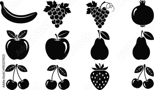 Black fruit silhouette icon set, banana apple grape cherry pear strawberry pomegranate collection, healthy food symbols, minimalist flat vector illustration isolated on white background