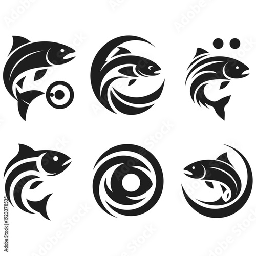 Vector illustration of a salmon fish jumping logo design on white background.