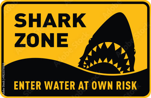 Shark zone warning sign with silhouette of shark head and text caution symbol for beach and ocean safety vector illustration