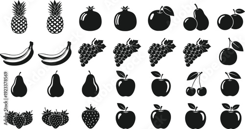 Black fruit silhouettes icon set, apple banana grape strawberry pineapple collection, healthy organic food shapes, flat vector illustration, isolated elements for packaging design