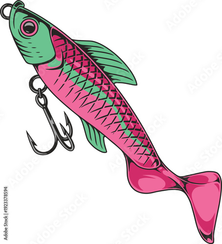 Colorful Fishing Lure Vector Illustration – Detailed Artificial Fish Bait with Hooks, Angling Tackle Icon, Sport Fishing Equipment, Isolated Flat Design for Outdoor Recreation and Fisherman Gear