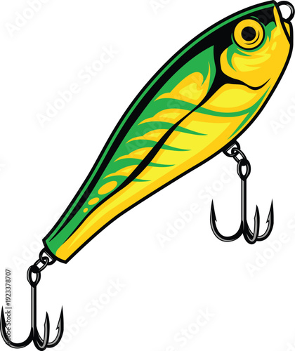 Colorful Fishing Lure Vector Illustration – Detailed Artificial Fish Bait with Hooks, Angling Tackle Icon, Sport Fishing Equipment, Isolated Flat Design for Outdoor Recreation and Fisherman Gear
