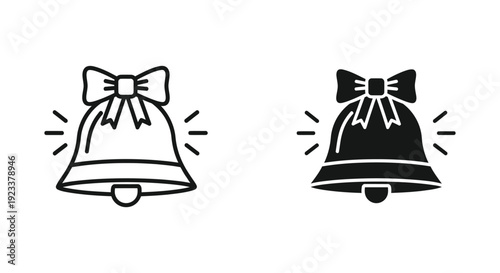 A pair of minimalist ringing bell icons featuring decorative bows in both outline and solid silhouette styles, ideal for festive Christmas greetings, wedding stationery, and mobile app alerts.