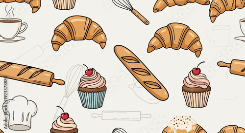 Seamless bakery pattern featuring croissants cupcakes baguette and kitchen utensils illustration
