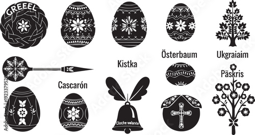 Black and white of Easter eggs and symbols with labels in different languages