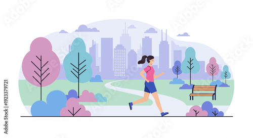 Running Woman Jogging in a Stylized Urban Park with City Skyline Background