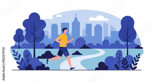 Jogging Man Running in Urban Park with City Skyline Flat Illustration