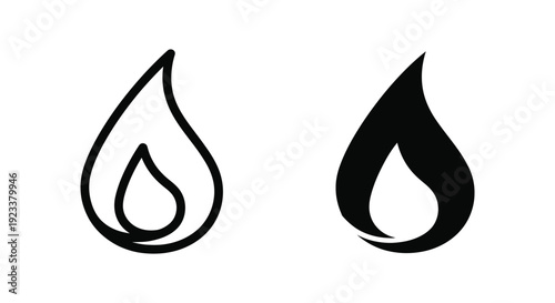 Minimalist black fire flame icons featuring outline and solid silhouette styles for energy branding, heating systems, and spicy food menu design