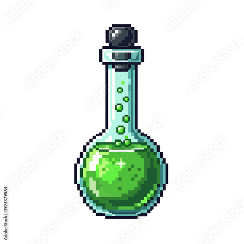 Pixel art illustration of a green potion bottle with a black stopper on a white background