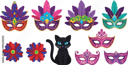 Set of masquerade carnival masks with colorful feathers, elegant floral ornaments, and a cute black cat for Mardi Gras, party, and festival celebrations.