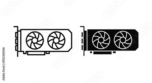 Minimalist computer graphics card icons in outline and solid silhouette styles for gaming PC hardware design and technology concepts