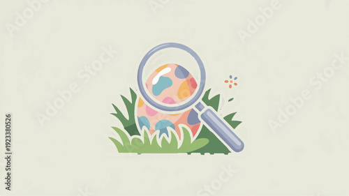 Magnifying glass examines colorful easter egg in grassy outdoor setting with green foliage