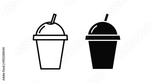 Minimalist black and white icons of a disposable smoothie cup with a dome lid and straw, ideal for cafe menus, takeout beverage branding, and fast food restaurant signage.