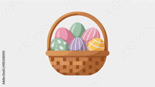 Colorful easter eggs in a woven brown basket on white background symbolizing springtime and holiday celebration