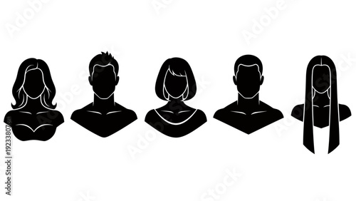 Silhouetted group of five diverse people in profile portraits.