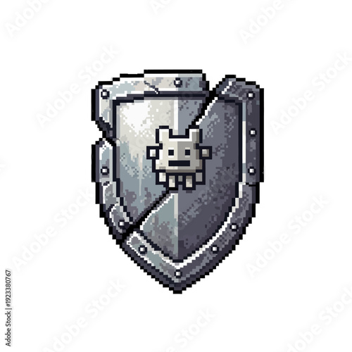 Pixelated illustration of a robot on a metallic shield with rivets against a white background