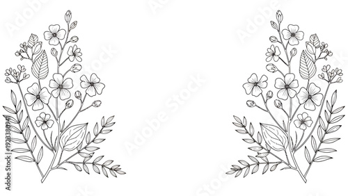 Two Delicate Black and White Botanical Sketches of Wildflowers with Leaves and Stems, Ornamental Line Art Study.