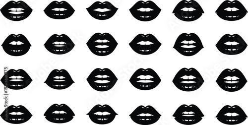 Black lips silhouette icon set, female mouth expressions collection, sensual beauty symbols, makeup and fashion elements, minimalist flat vector illustration isolated on white background