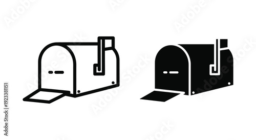 Minimalist mailbox icon set featuring outline and solid black styles for mail delivery, postal services, and digital communication interface design