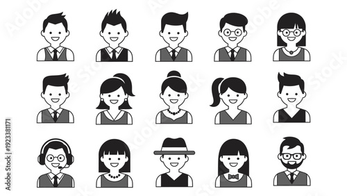 Collection of diverse cartoon avatars in black and white portrait icons.