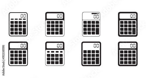 Digital calculator icons with zero display for monetary transactions and math computations