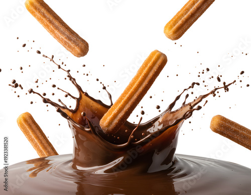 Delicious Churros Dipping in Rich Chocolate Sauce Splashing High