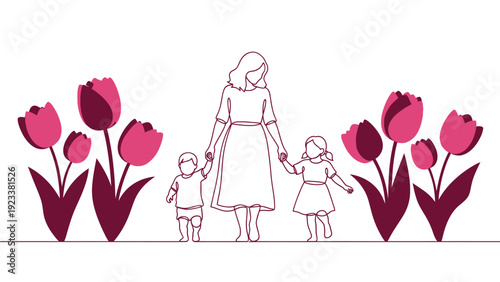 Simple line drawing of a mother with two children among vibrant tulips.
