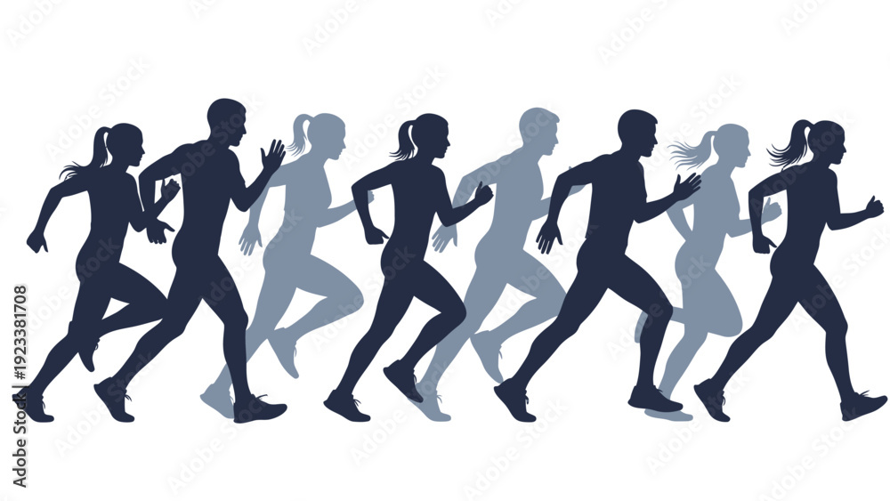 Fototapeta premium Group of runners in motion silhouette illustrating athletic training and teamwork among athletes.