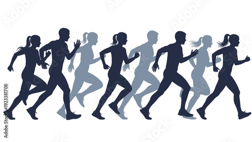 Group of runners in motion silhouette illustrating athletic training and teamwork among athletes.
