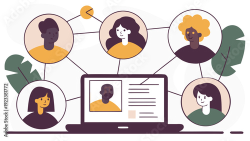 Diverse people connected in an online network, interacting and communicating around a laptop with a user profile.