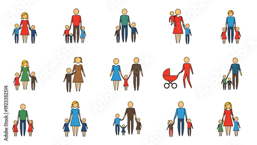 Collection of diverse people icons depicting various ages, poses, and colorful outfits in a playful layout.