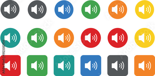 Colorful volume speaker icons collection in round and square buttons, sound control symbols set for audio interface, multimedia apps and user interface design