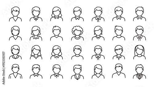 Collection of diverse line drawings of people wearing face masks arranged in a grid.