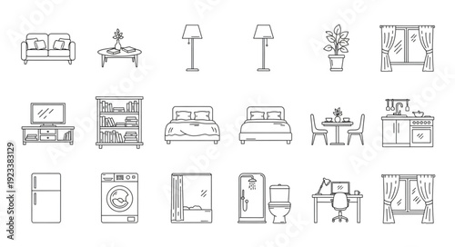 Collection of hand drawn furniture and home decor items.
