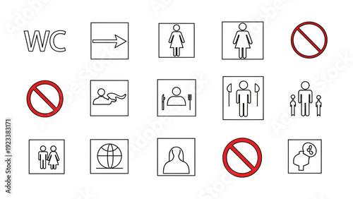 Collection of restroom and accessibility pictograms and signage icons for graphic design.