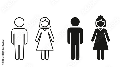 Family silhouettes of two adults and two children in simple black and white line art illustration.