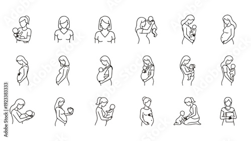 Series of line art gestures showing a person in various poses and activities.